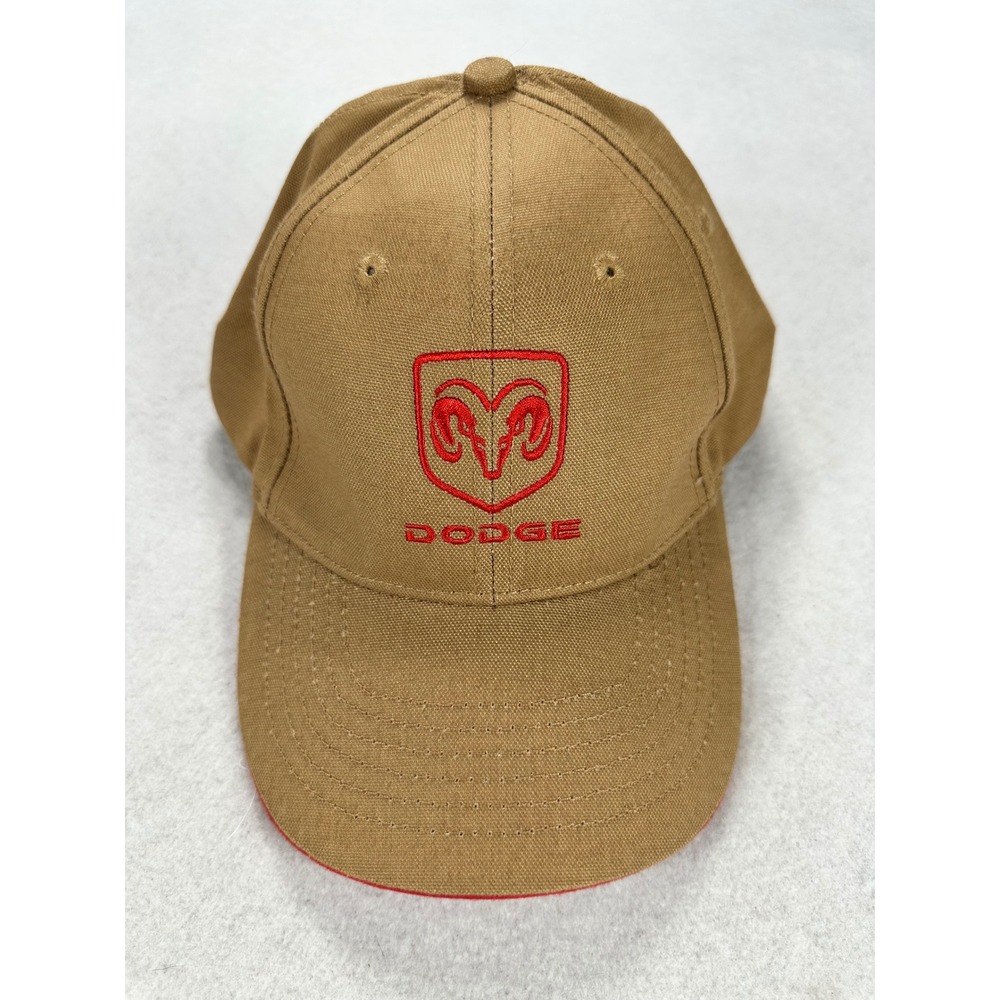 Dodge Ram Logo Baseball Cap Tan Canvas Red Underbrim Adjustable Hat Mens